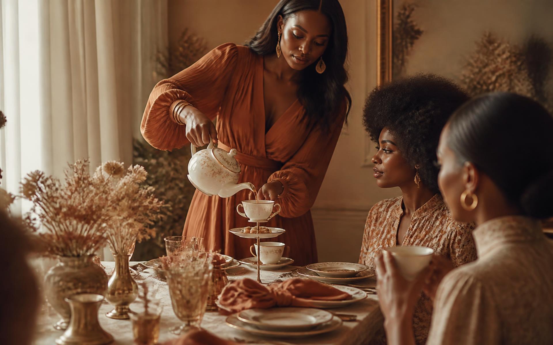 Elegant afternoon tea social with fine bone china and warm autumn florals